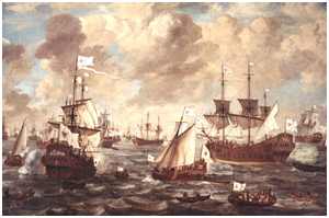 Kurbrandenburgische Flotte, Gem&auml;lde von 1684 von Lieve Verschuier (Bild: Stiftung Preu&szlig;ische Schl&ouml;sser und G&auml;rten Berlin-Brandenburg (CC BY-NC-SA))