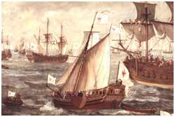 Gemälde Die brandenburgischen Flotte von Lieve Verschuier von 1684 (Bild: Stiftung Preußische Schlösser und Gärten Berlin-Brandenburg (CC BY-NC-SA))