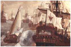 Gemälde Die brandenburgischen Flotte von Lieve Verschuier von 1684 (Bild: Stiftung Preußische Schlösser und Gärten Berlin-Brandenburg (CC BY-NC-SA))