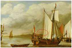 Gaffelsegel der Statenjacht Fredericus (Bild: https://commons.wikimedia.org/wiki/File:Lieve_Pieterszoon_Verschuier_-_A_Dutch_States_Yacht.jpg)