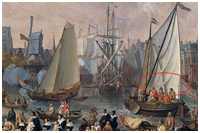 Ankunft König Charles II von England in Rotterdam, am 24. Mai 1660, Lieve Pietersz (Bild: https://de.m.wikipedia.org/wiki/Datei:The_arrival_of_King_Charles_II_of_England_in_Rotterdam,_may_24_1660_(Lieve_Pietersz._Verschuier,_1665).jpg)